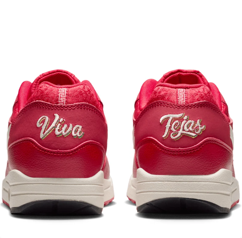 Nike Air Max 1 Red Sneakers with Cream Swoosh & Viva Tejas Details