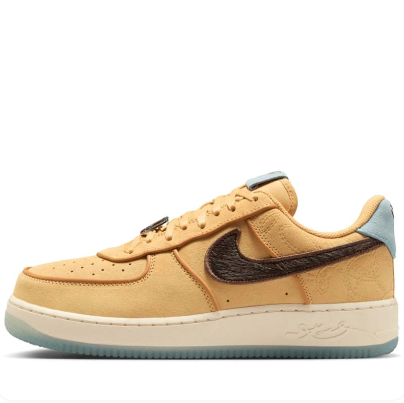 Nike Air Force 1 Low Golden Tan & Brown Sneakers with Light Blue Accents