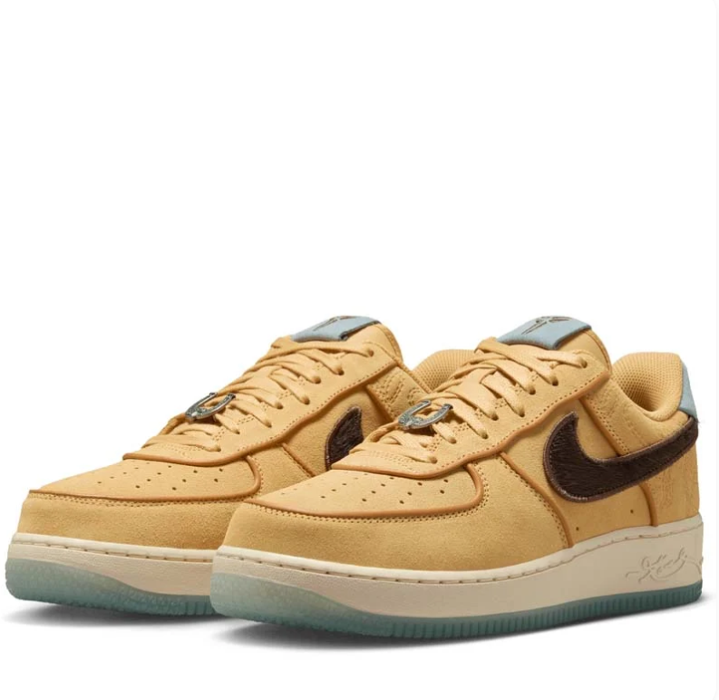 Nike Air Force 1 Low Golden Tan & Brown Sneakers with Light Blue Accents