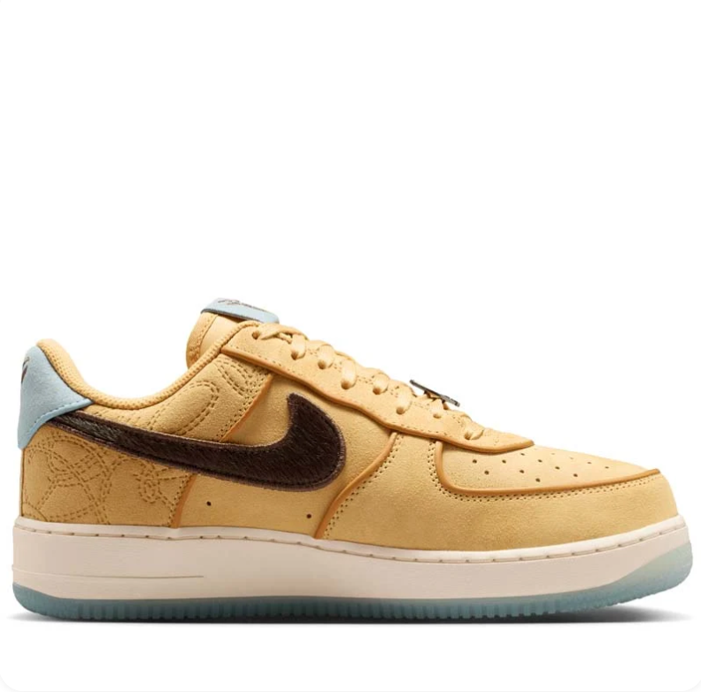 Nike Air Force 1 Low Golden Tan & Brown Sneakers with Light Blue Accents
