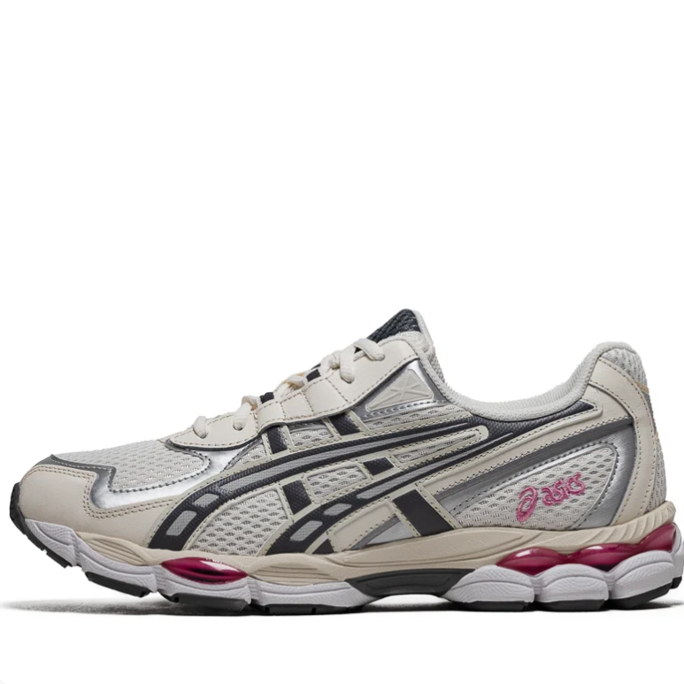 ASICS Silver & Cream Sneakers with Black Stripes and Pink Accents