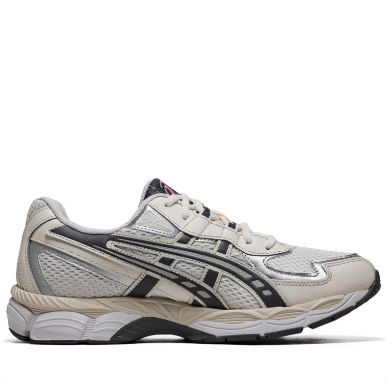 ASICS Silver & Cream Sneakers with Black Stripes and Pink Accents