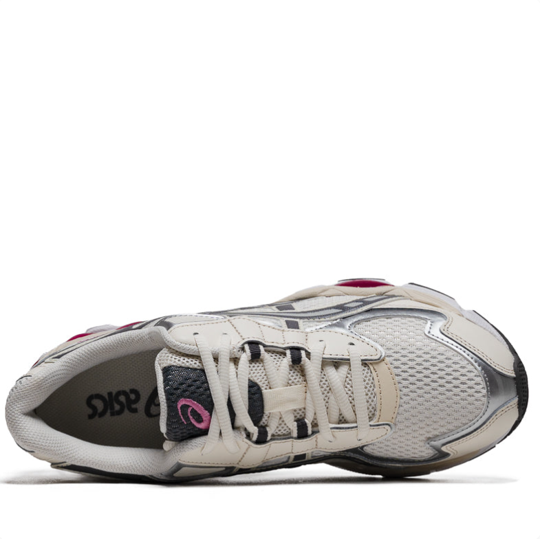 ASICS Silver & Cream Sneakers with Black Stripes and Pink Accents