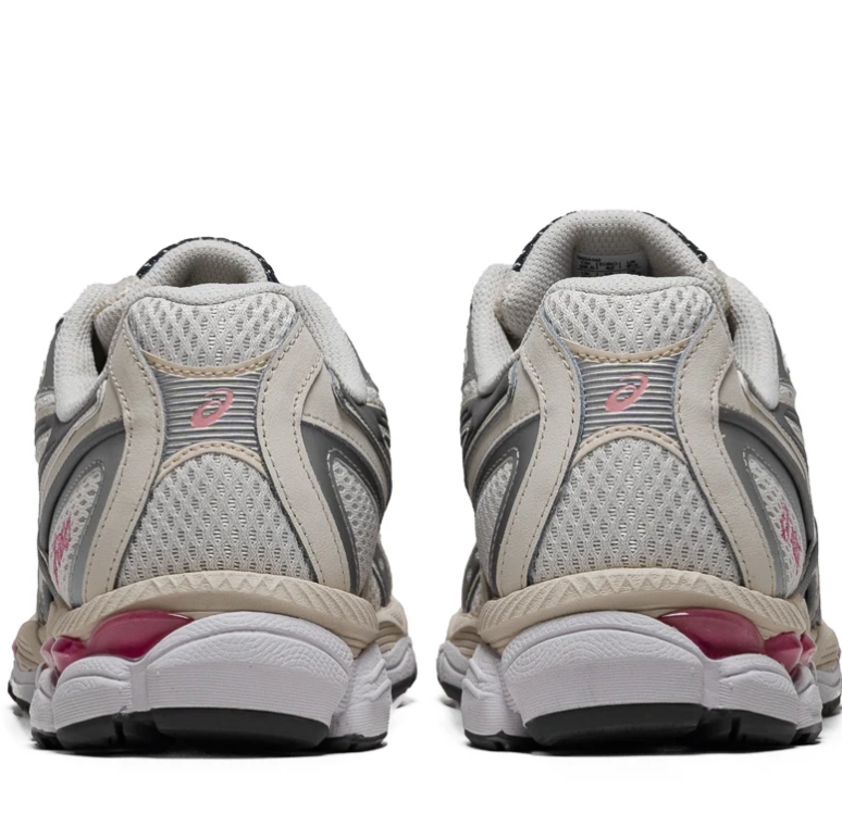 ASICS Silver & Cream Sneakers with Black Stripes and Pink Accents