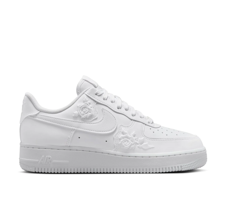 Nike Air Force 1 Low All-White Sneakers with Raised Rose Details