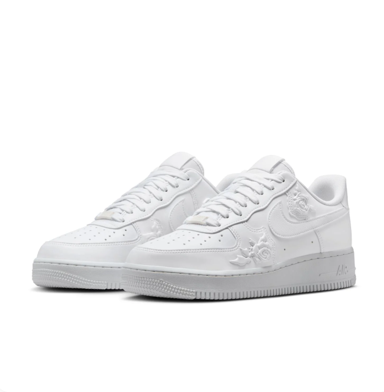 Nike Air Force 1 Low All-White Sneakers with Raised Rose Details