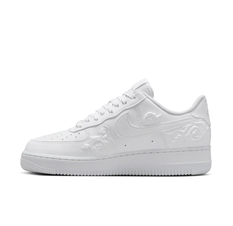 Nike Air Force 1 Low All-White Sneakers with Raised Rose Details