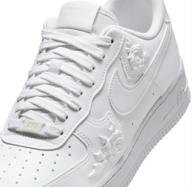 Nike Air Force 1 Low All-White Sneakers with Raised Rose Details