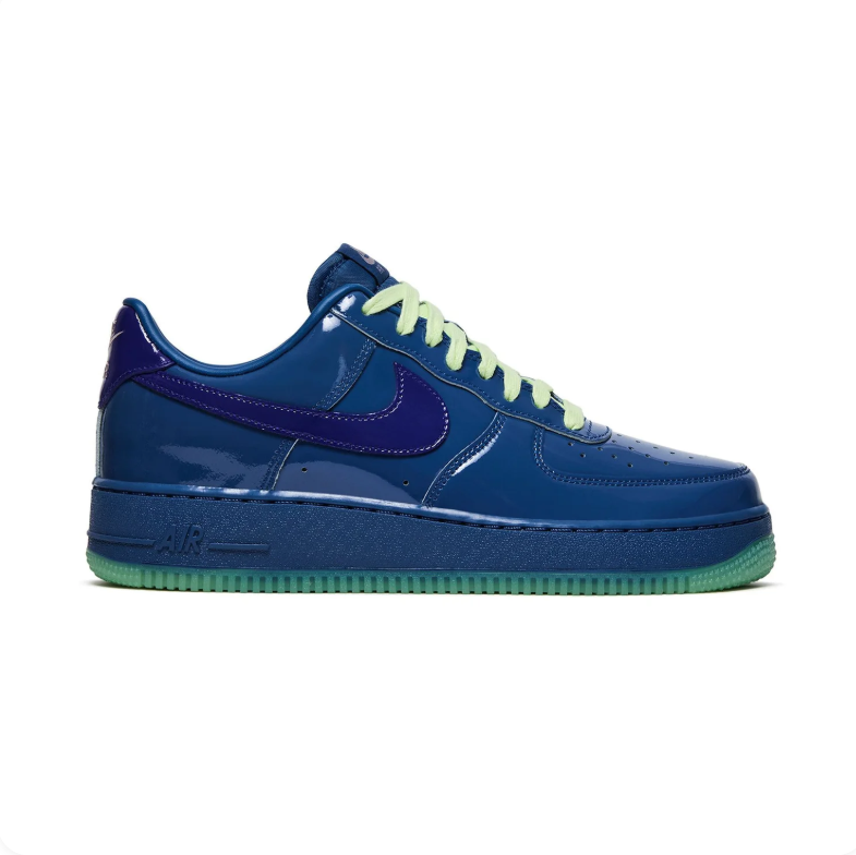 Nike Air Force 1 Low Glossy Blue & Purple Sneakers with Green Accents