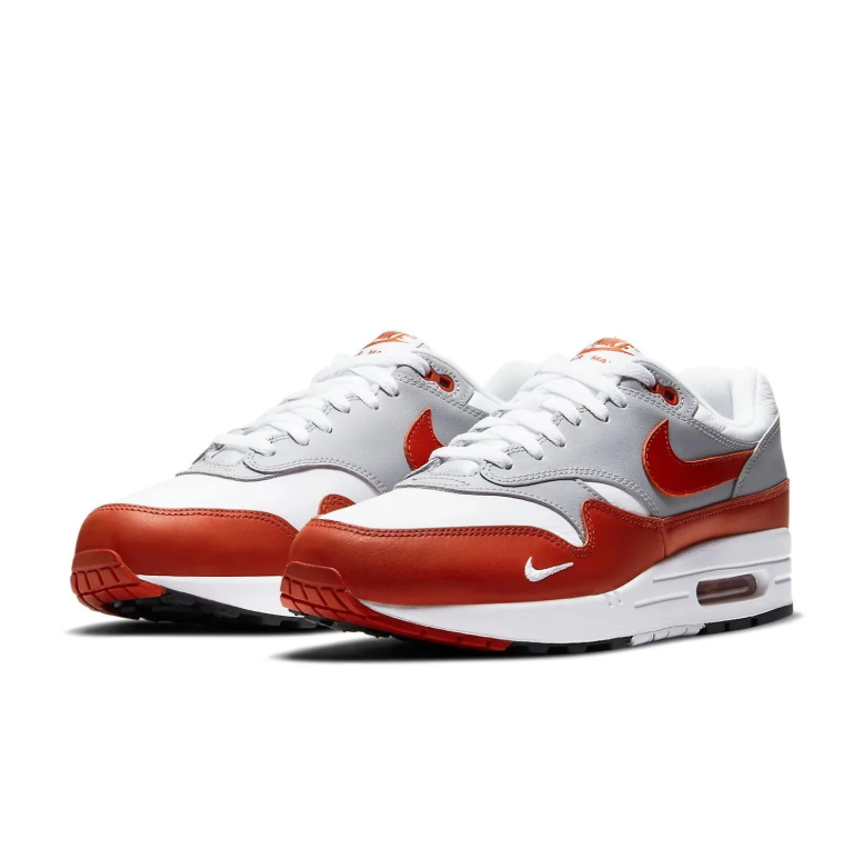 Nike Air Max 1 White, Gray & Rust Red Sneakers