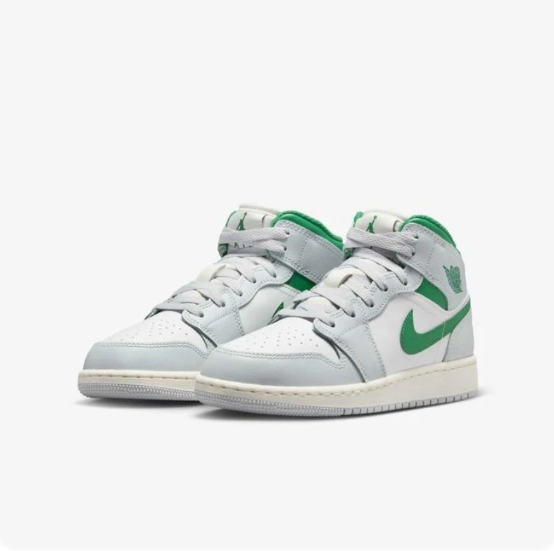 Air Jordan 1 Mid White & Light Gray Sneakers with Green Accents