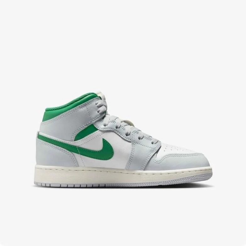 Air Jordan 1 Mid White & Light Gray Sneakers with Green Accents