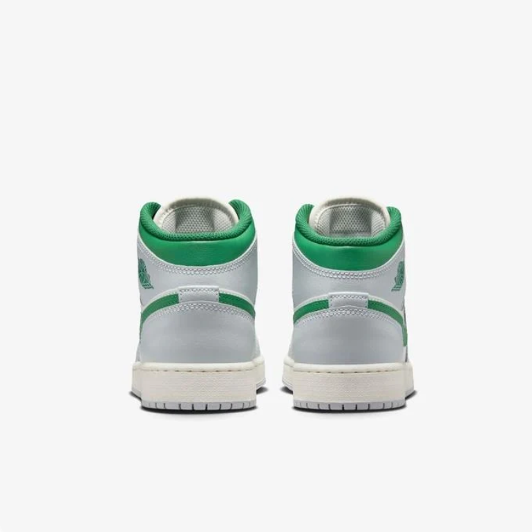 Air Jordan 1 Mid White & Light Gray Sneakers with Green Accents
