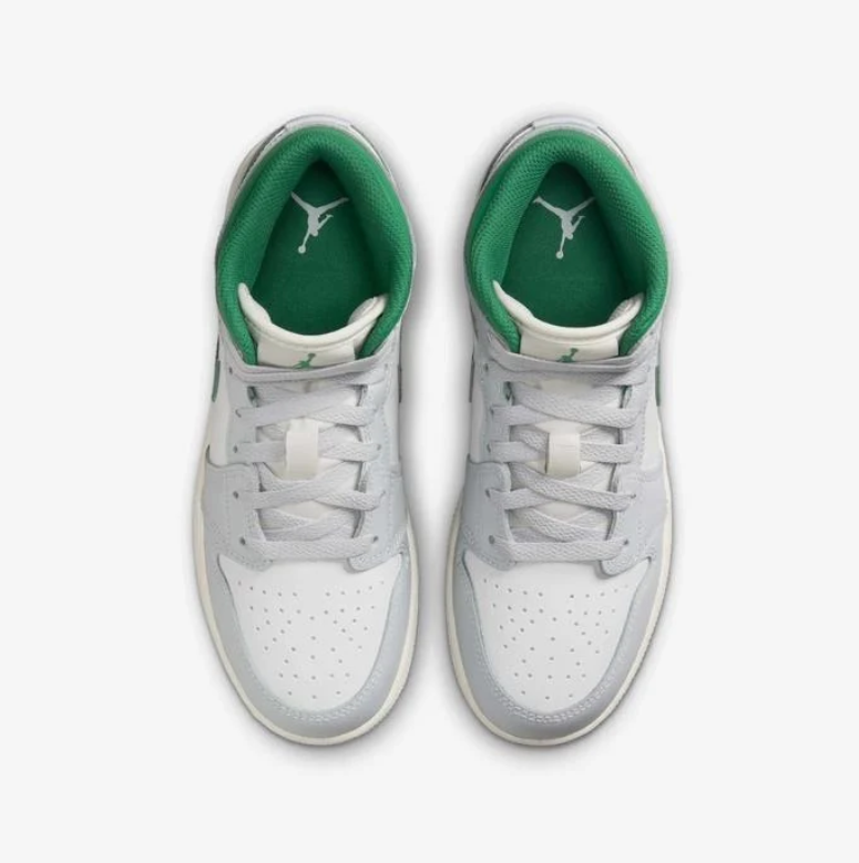 Air Jordan 1 Mid White & Light Gray Sneakers with Green Accents