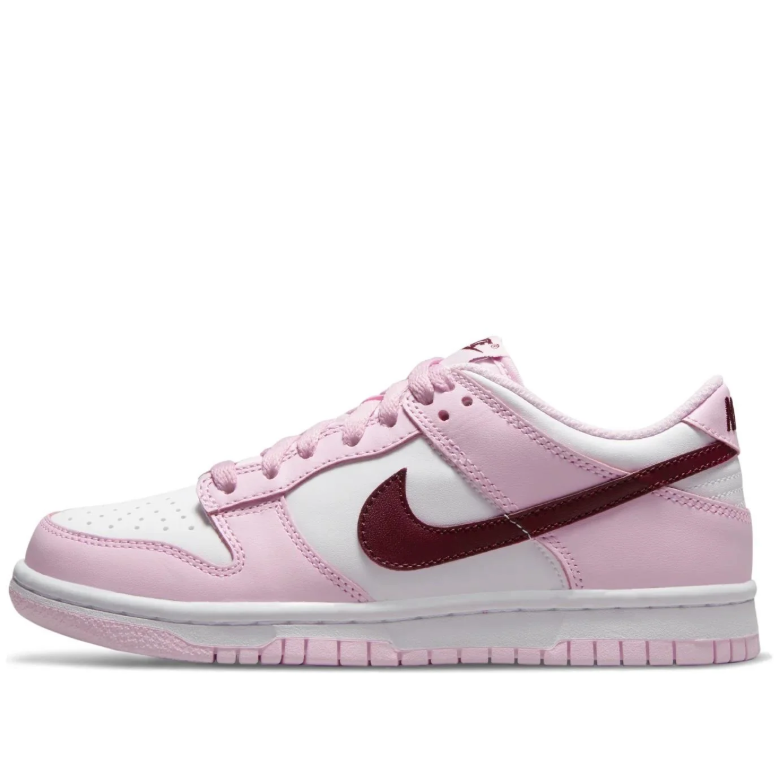 Nike Dunk Low Pink & White Sneakers with Burgundy Swoosh