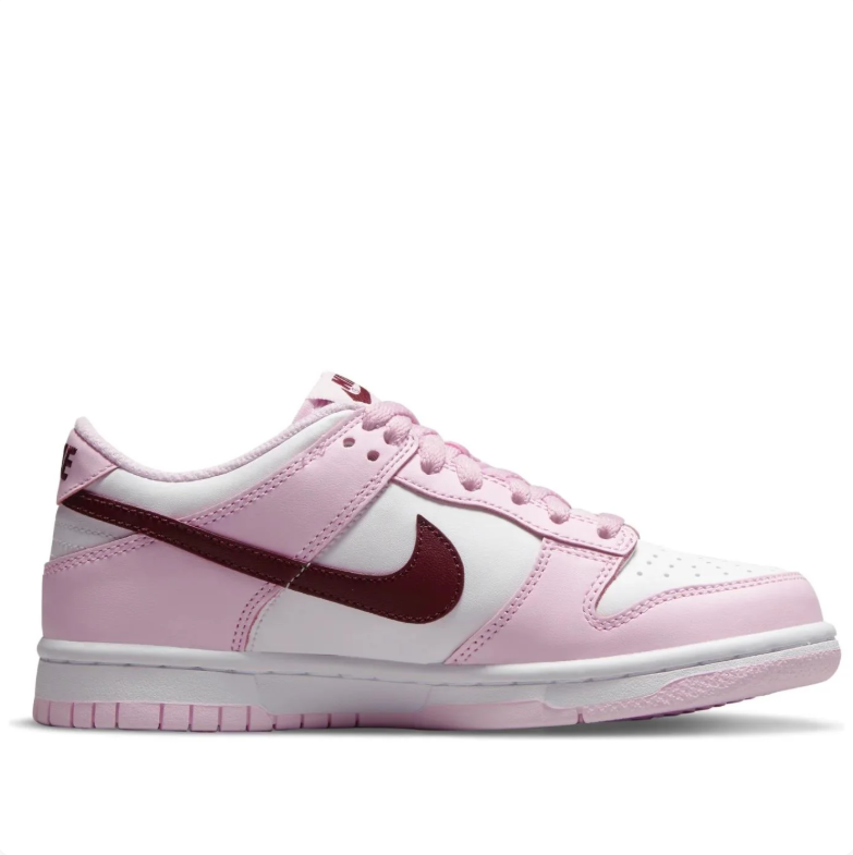 Nike Dunk Low Pink & White Sneakers with Burgundy Swoosh