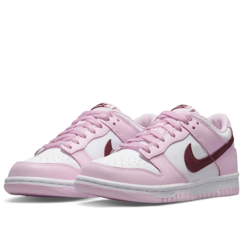 Nike Dunk Low Pink & White Sneakers with Burgundy Swoosh