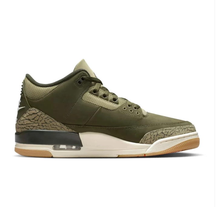 Air Jordan 3 Olive Sneakers with Elephant-Print Details & Gum Outsole