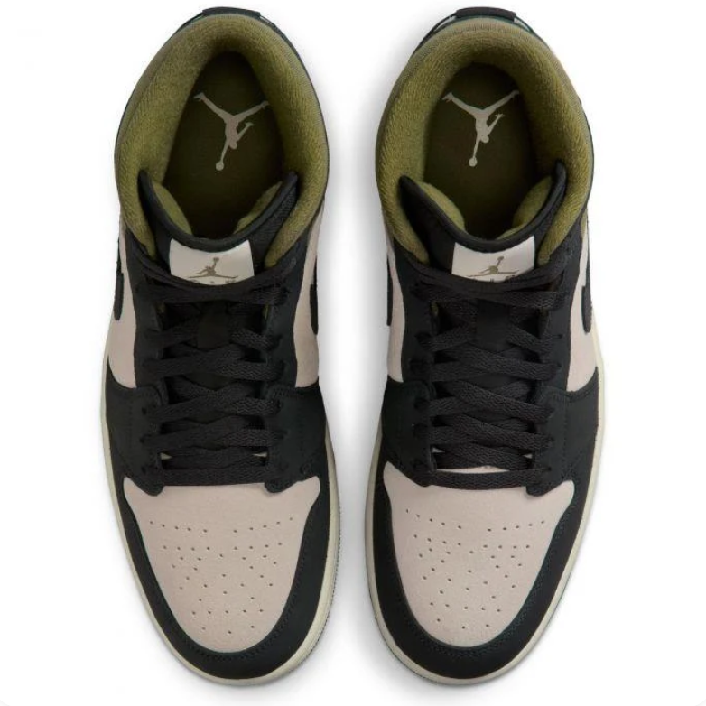 Air Jordan 1 Mid Black & Beige Sneakers with Olive Accents