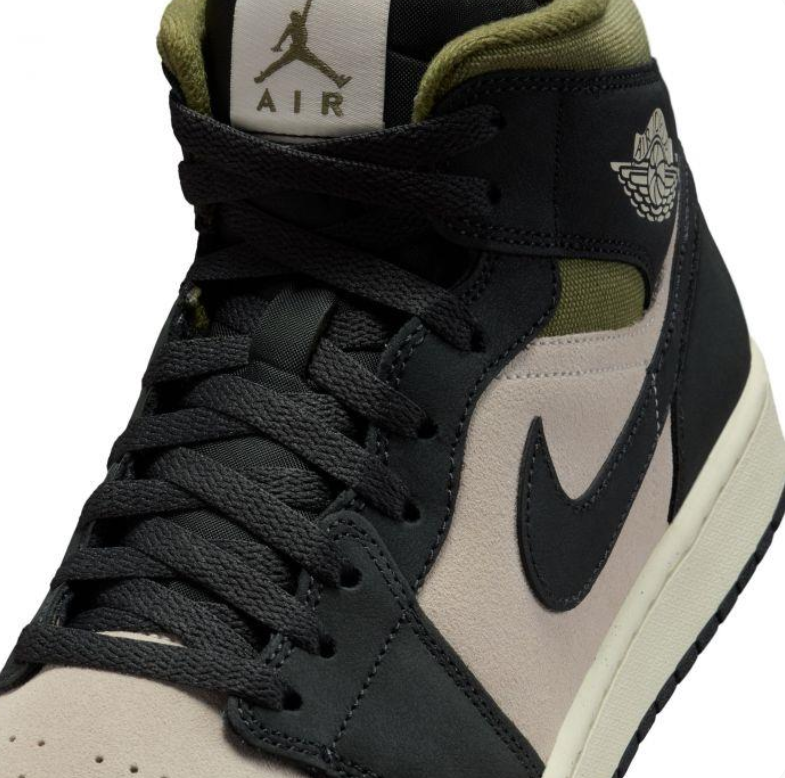 Air Jordan 1 Mid Black & Beige Sneakers with Olive Accents