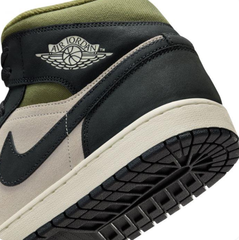 Air Jordan 1 Mid Black & Beige Sneakers with Olive Accents