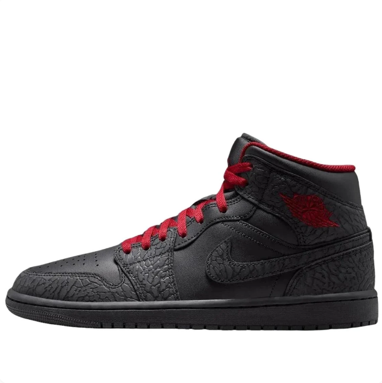 Air Jordan 1 Mid Black Elephant-Print Sneakers with Red Accents