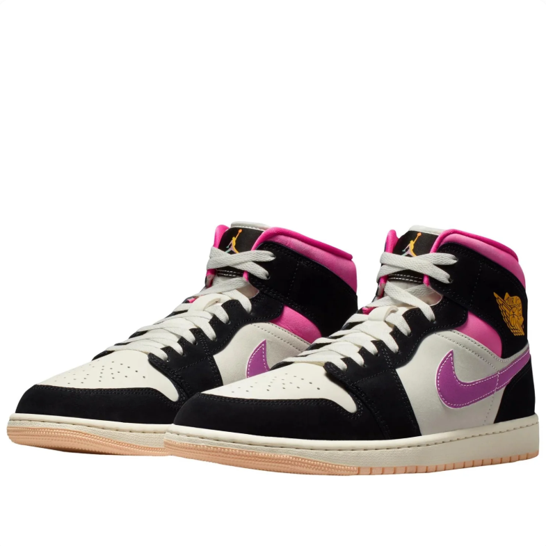Air Jordan 1 Mid Black & White Sneakers with Pink and Purple Accents