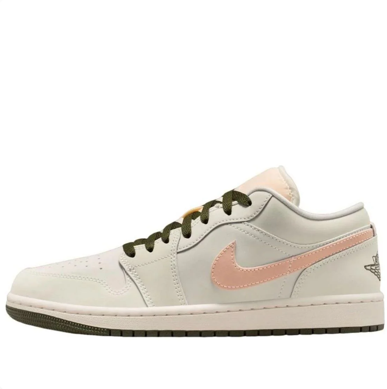 Air Jordan 1 Low Cream & Peach Sneakers with Olive Accents