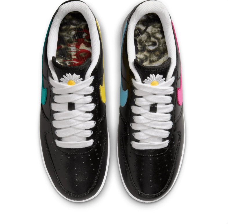 Nike Air Force 1 Low Black Sneakers with Multicolor Swooshes & Daisy Details